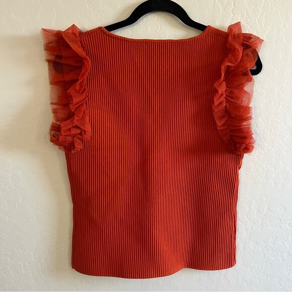 Bailey 44 Top Sleeveless Tulle L NWT Sleeves Ruffle Ribbed Stretch Knit Orange - Picture 6 of 8
